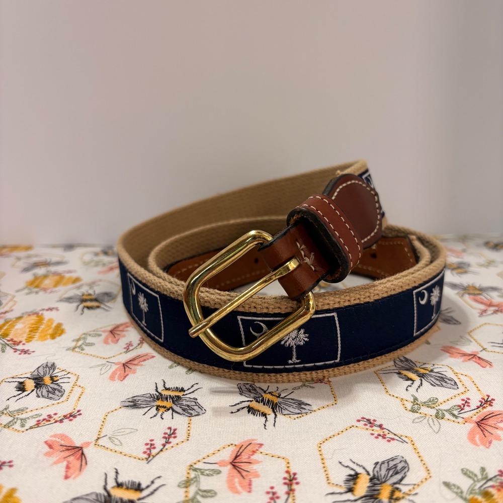 South Carolina State Flag Ribbon Belt Mens 40 Navy Palmetto Moon Leather Tan